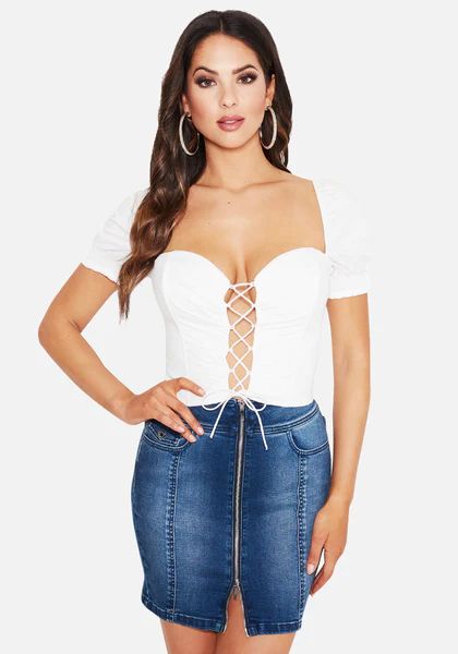 Lace Up Front Poplin Crop Top | Bebe