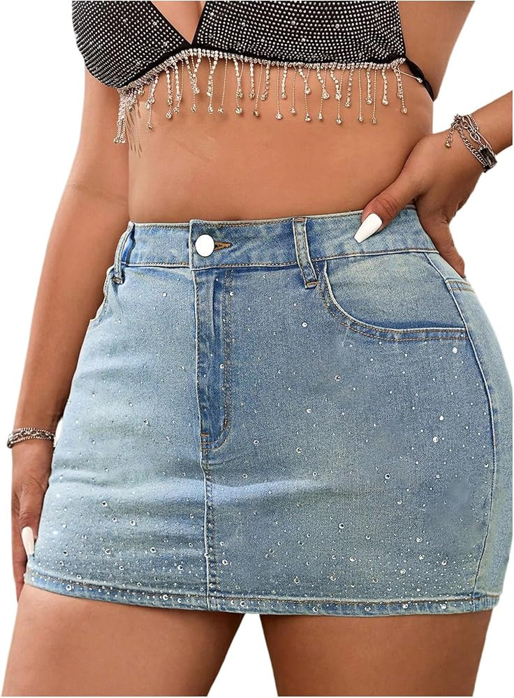 Verdusa Women's Plus Size Rave Rhinestone Glitter Jean Skirt Party Denim Mini Skirts with Pockets | Amazon (US)