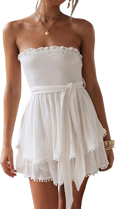 R.Vivimos Women's Summer Linen Ruffles Boho Casual Tube Playsuits Short Jumpsuit Rompers | Amazon (US)