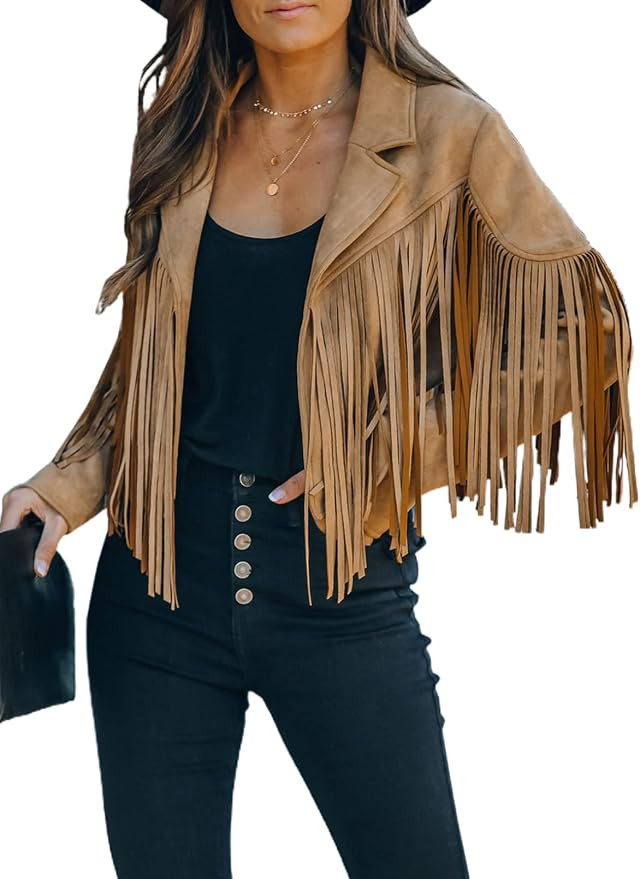 Dokotoo Womens 2023 Fashion Faux Suede Tassel Jackets Lapel Cropped Motorcycle Jacket Outerwear | Amazon (US)