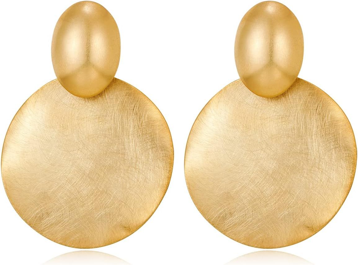 FAMARINE Matte Gold Big Disc Drop Dangle Earrings Statement Brushed Round Hammered Women Earrings... | Amazon (CA)
