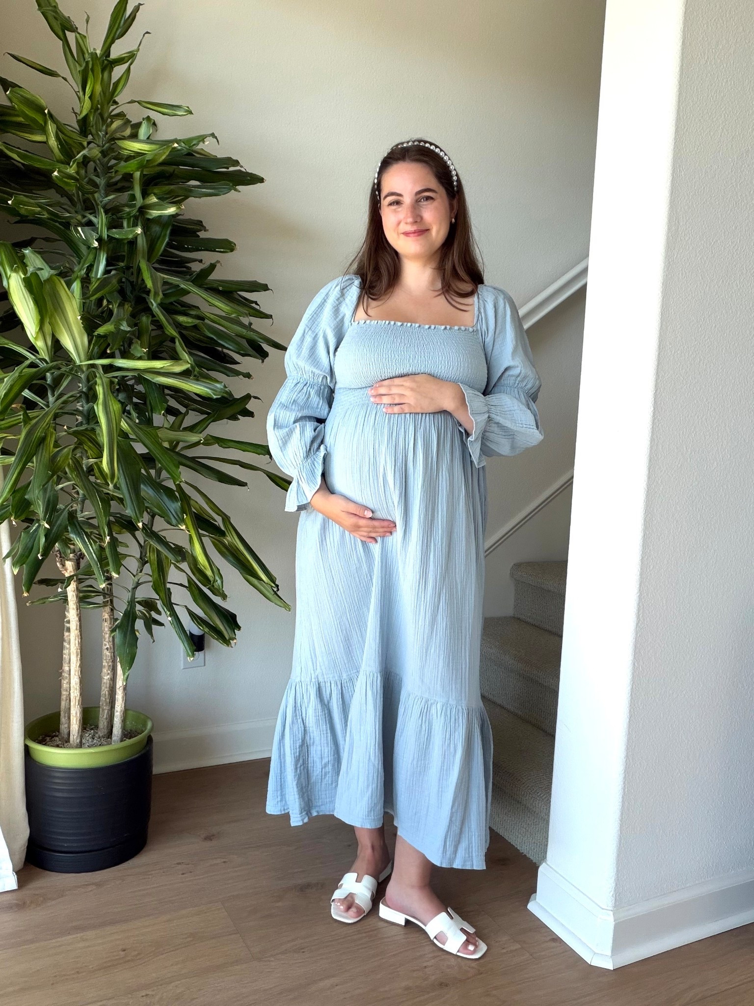 Loved this dress and look for my baby shower! The dress is super comfy and made me feel so pretty - which is HARD this pregnant 😂 linked similar shoes and headband since I don’t have the exact products 

#LTKBump