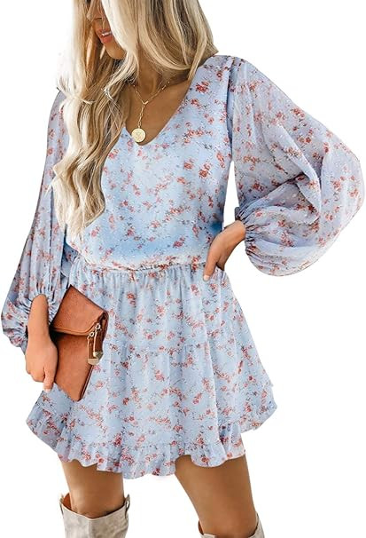 Eytino Women Sexy V Neck Long Sleeve Open Back Printed Mini Short Dresses(S-XL) | Amazon (US)