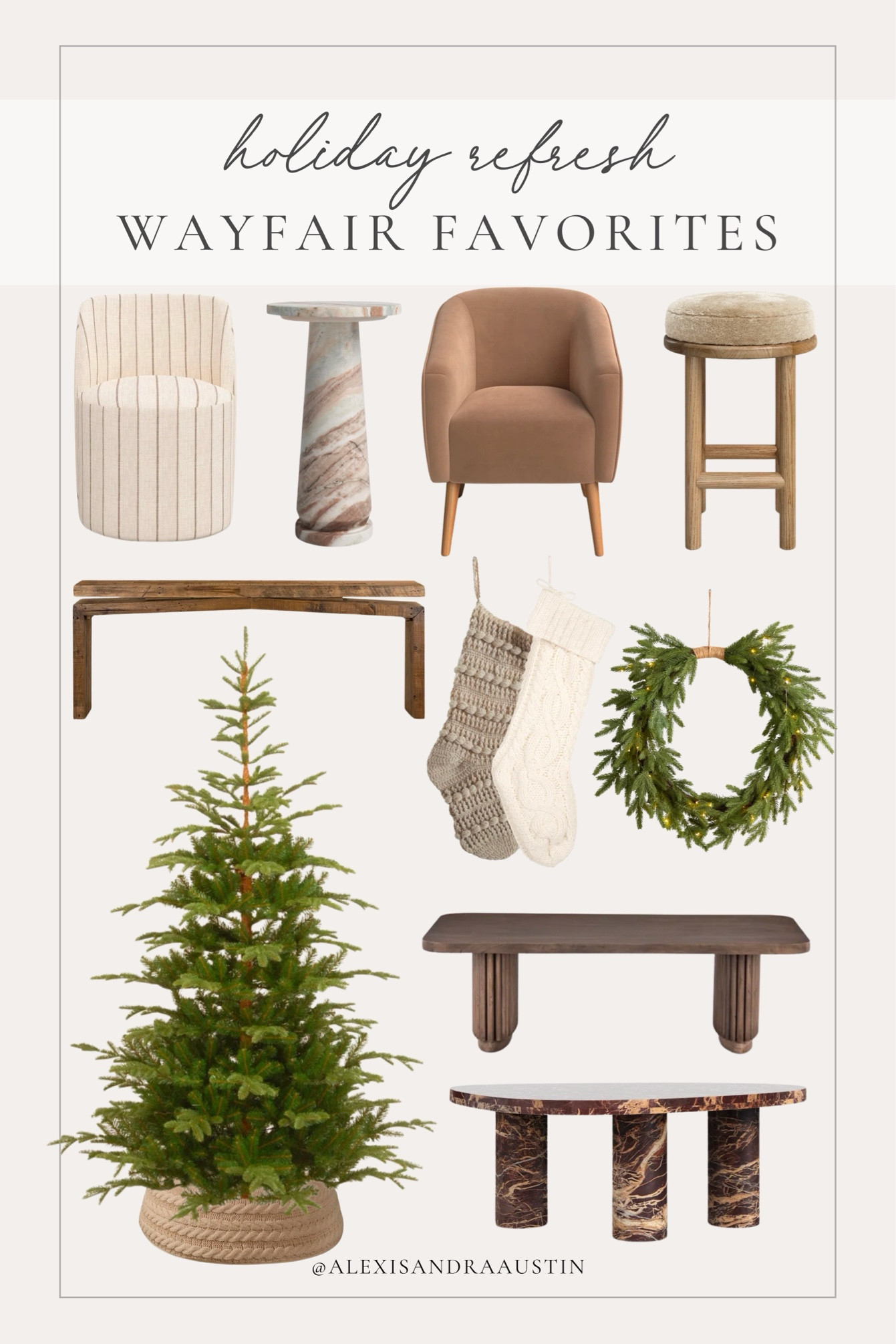 Holiday refresh favorites with Wayfair! Cozy up this season with neutral furniture plus seasonal finds for a warm and neutral holiday space 

Home finds, seasonal favorites, Wayfair style, neutral furniture, cozy finds, faux Christmas tree, wreath, knit stockings, accent chair, console table, coffee table, barstool, neutral Christmas, accent table, holiday favorites, shop the look!

#LTKSeasonal #LTKHoliday #LTKHome