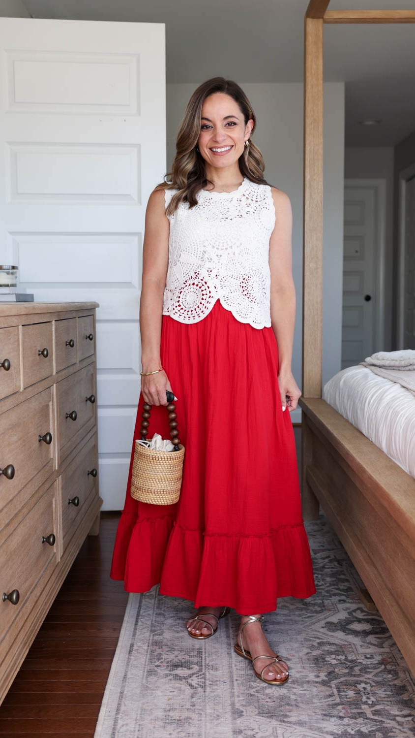 Summer outfits by color series: red 

Red dress (Quince): xs 
Red skirt (Quince): xs 
Crochet tank top (Abercrombie): xxs 
Camisole (Kohl’s): small 
White denim shorts (Quince): 24 
Red top (Target): xs 
Striped shorts (Amazon): xs 
White sweater tank top (Quince): xs
