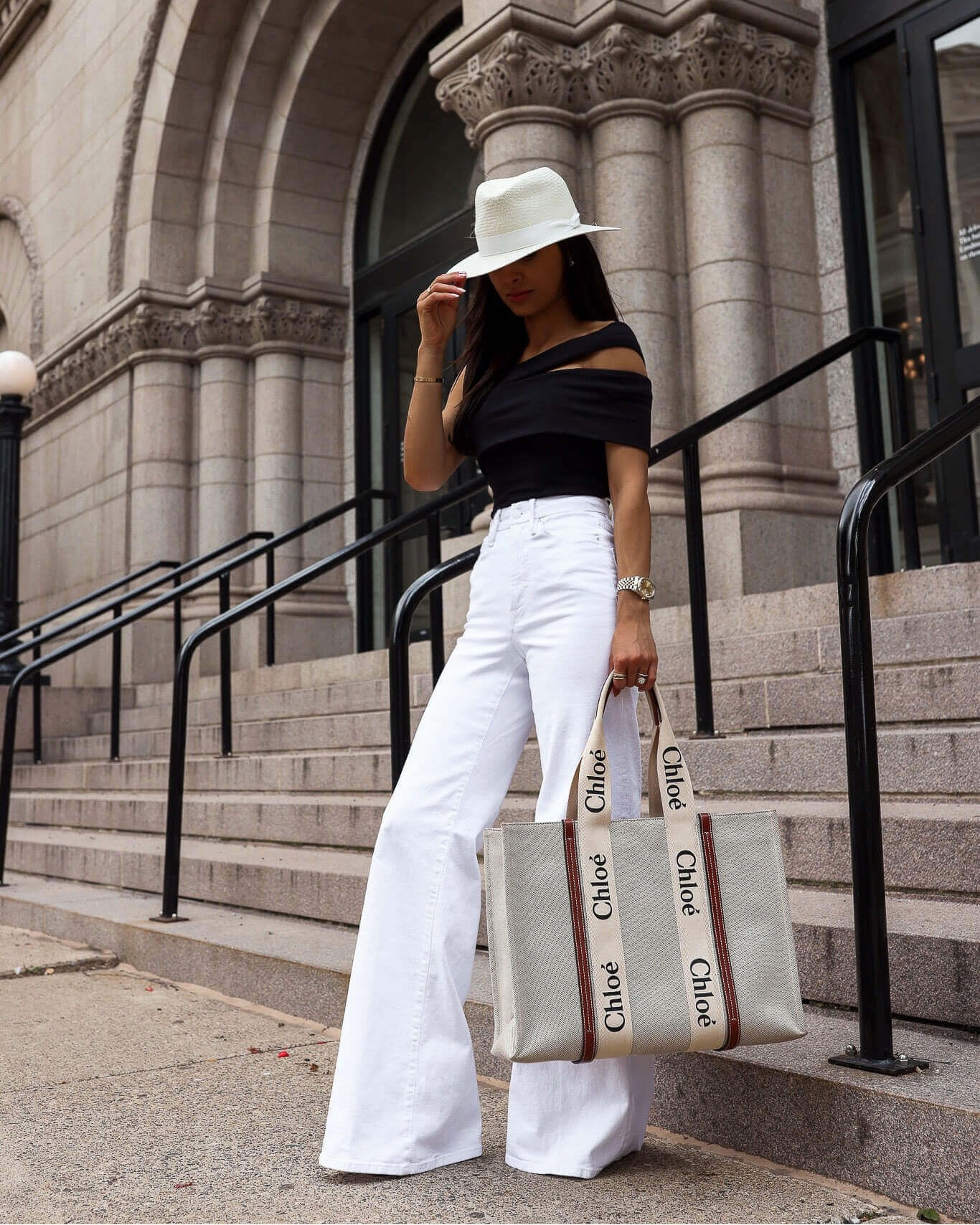 Chic summer outfit
Agolde off shoulder bodysuit 
White flared jeans
Chloe woody tote



#LTKSaleAlert #LTKItBag #LTKStyleTip