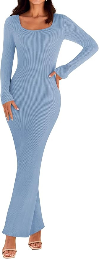 MEROKEETY Women's 2024 Fall Long Sleeve Square Neck Bodycon Maxi Dresses Ribbed Knit Long Sweater... | Amazon (US)