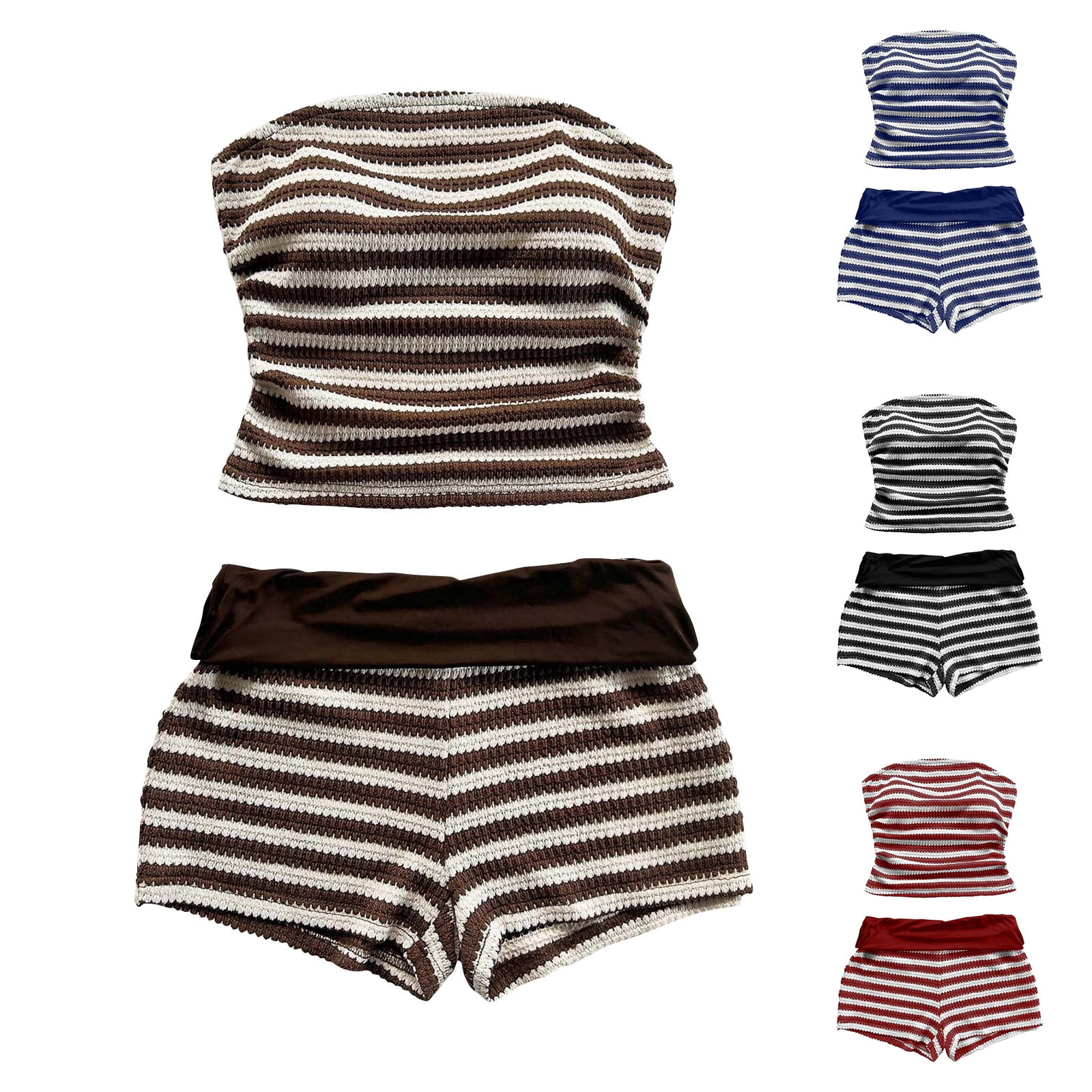 Stichou 2 Piece Shorts Sets for Women Strapless Striped Tube Crop Tops and High Wasited Shorts 20... | Walmart (US)