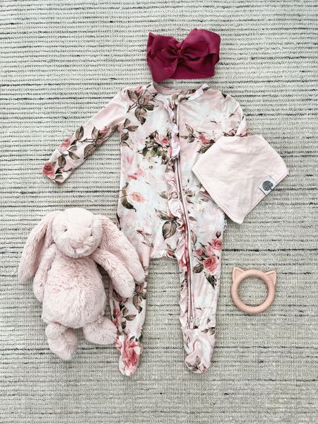 Baby girl outfit with a pink floral footie that’s super soft and stretchy. Love the bamboo material because it’s so breathable! Also linking teething toys, bow headband and her favorite bunny! 

#LTKfamily #LTKbaby