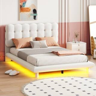 Harper & Bright Designs Beige Wood Frame Full Velvet Upholstered Platform Bed with LED Lights, Bu... | The Home Depot