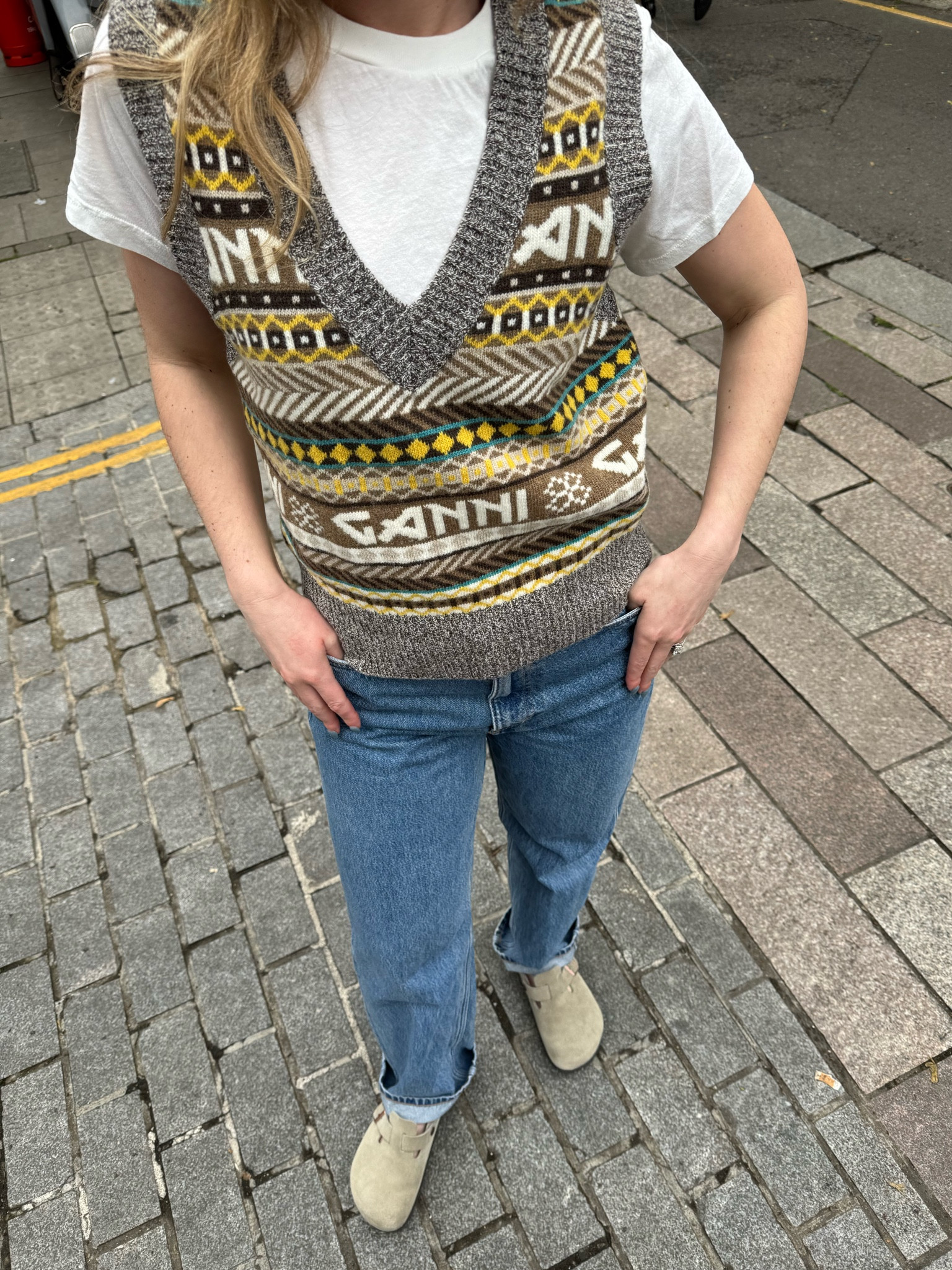 Ganni sweater vest, baggy denim jeans, dark denim, casual outfit, work outfit, Birkenstocks boston clogs, spring fashion, spring outfit, Uniqlo white t shirt, work wear, weekday jeans, wide leg trousers

#LTKeurope #LTKworkwear #LTKstyletip