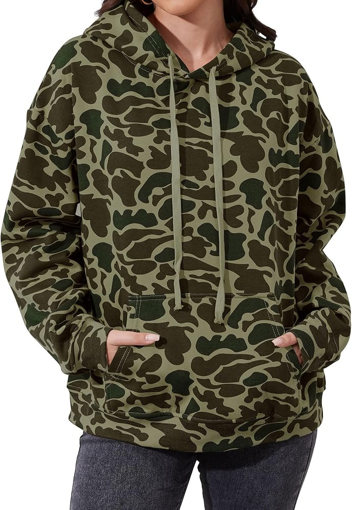 Womens Camo Hoodies Loose Fit Drawstring Hooded Pullover Shirt Long Sleeve Fleece Camo Hunting Sw... | Amazon (US)