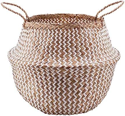 Natural Plush Woven Seagrass Tote Belly Basket Storage Laundry, Picnic, Plant Pot Cover Beach Bag... | Amazon (US)