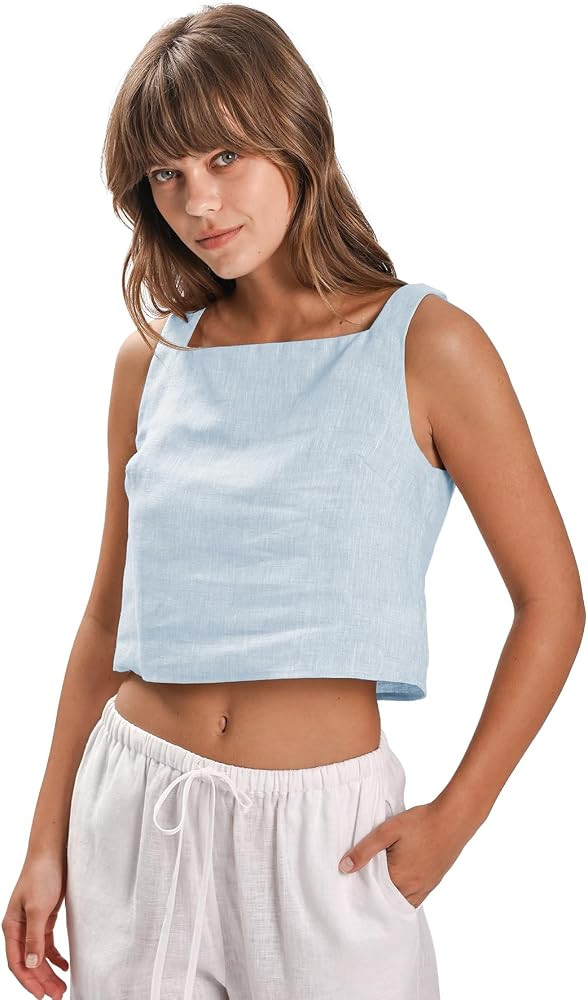 Amazhiyu Womens 100% Linen Summer Square Neck Sleeveless Back Keyhole Crop Tops | Amazon (US)