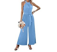 KIRUNDO 2023 Women Summer Halter Neck Sleeveless Pleated High Waist Belted Dressy Wide Leg Pant O... | Amazon (US)