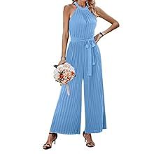 KIRUNDO 2023 Women Summer Halter Neck Sleeveless Pleated High Waist Belted Dressy Wide Leg Pant O... | Amazon (US)
