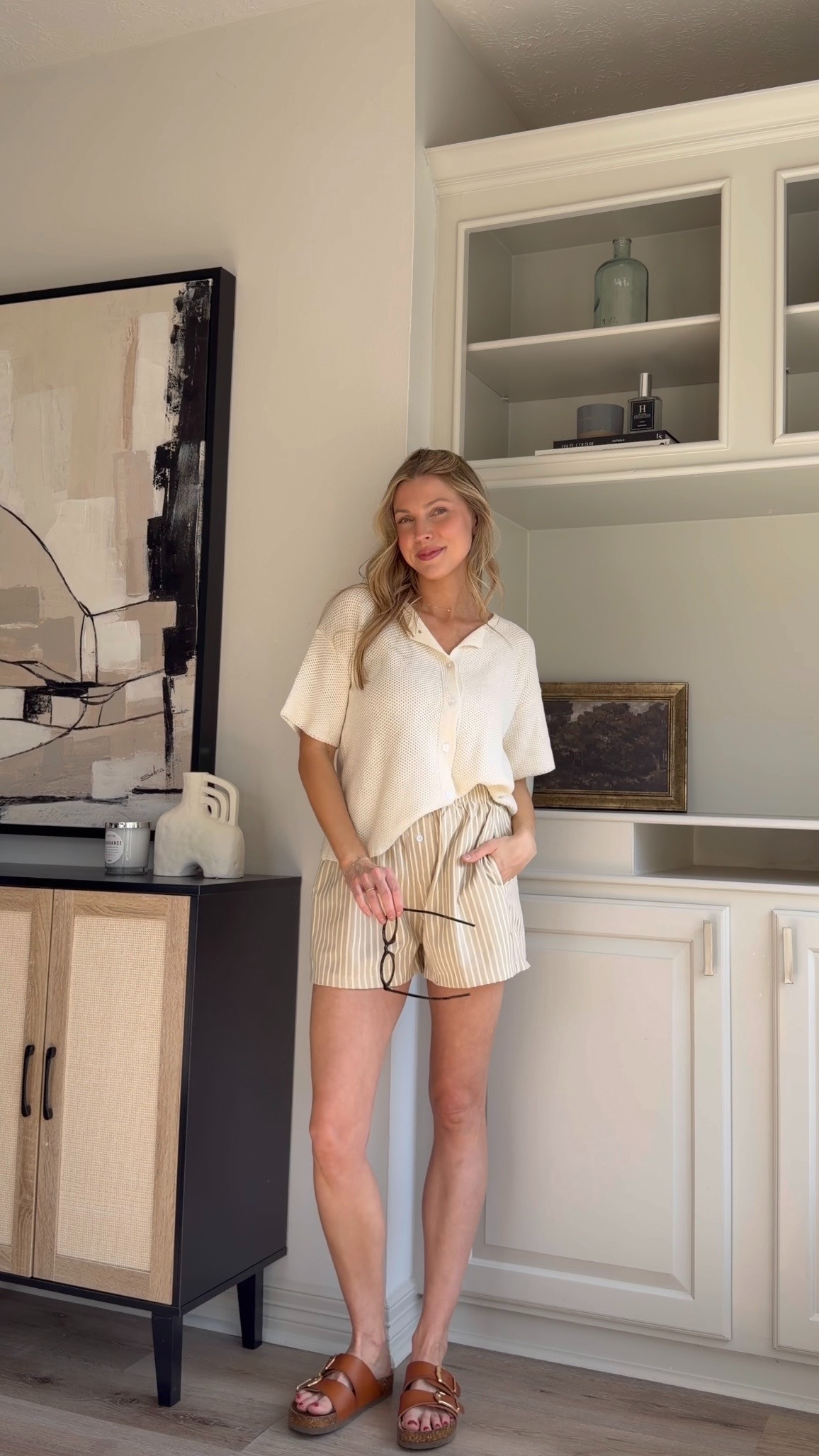 Cute but elevated everyday mom outfit | Wearing M cream cardigan + M boxer shorts 

 