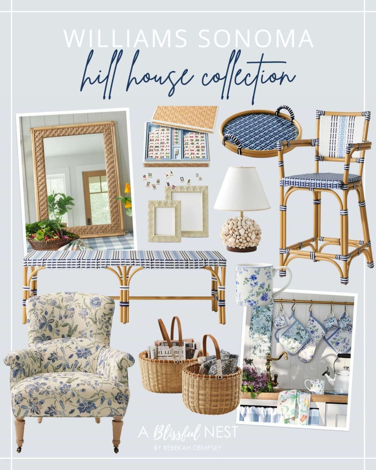 Elevate your home with these charming Williams Sonoma Hill House favorites. Tap to shop!

Mahjong game set, ceramic picture frames, woven bistro tray, shell table lamp, rattan bar stool, plaid woven bench, floral upholstered armchair, woven baskets, floral mug, and quilted oven mitts 

 #LTKHome