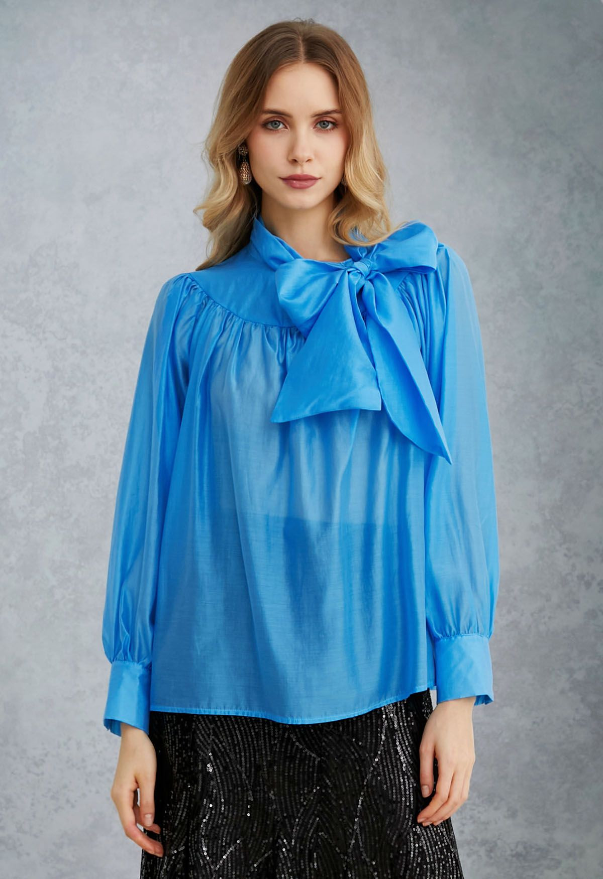 Charming Bowknot Puff Sleeve Sheer Shirt in Blue | Chicwish