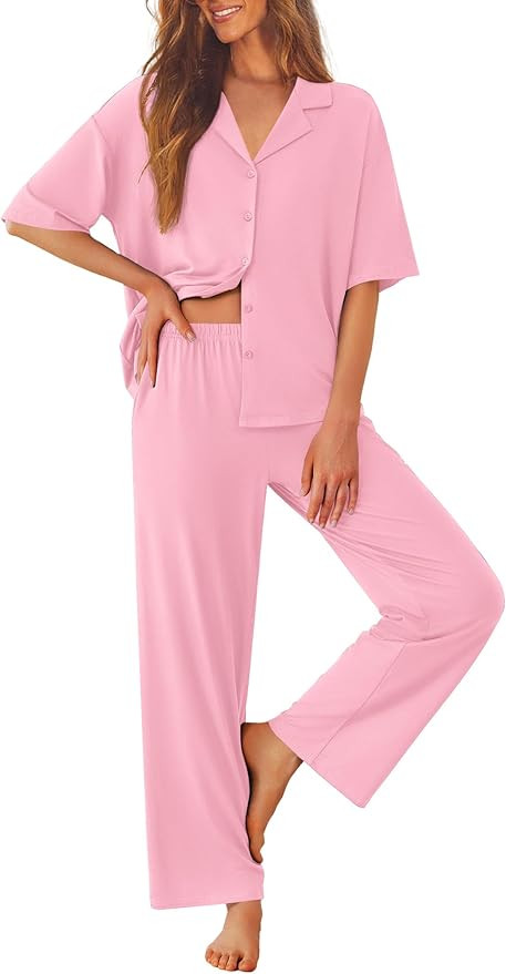 Ekouaer Women Pajamas Set Button Down Sleepwear Short Sleeve Pjs Soft Comfy Nightwear with Long P... | Amazon (US)