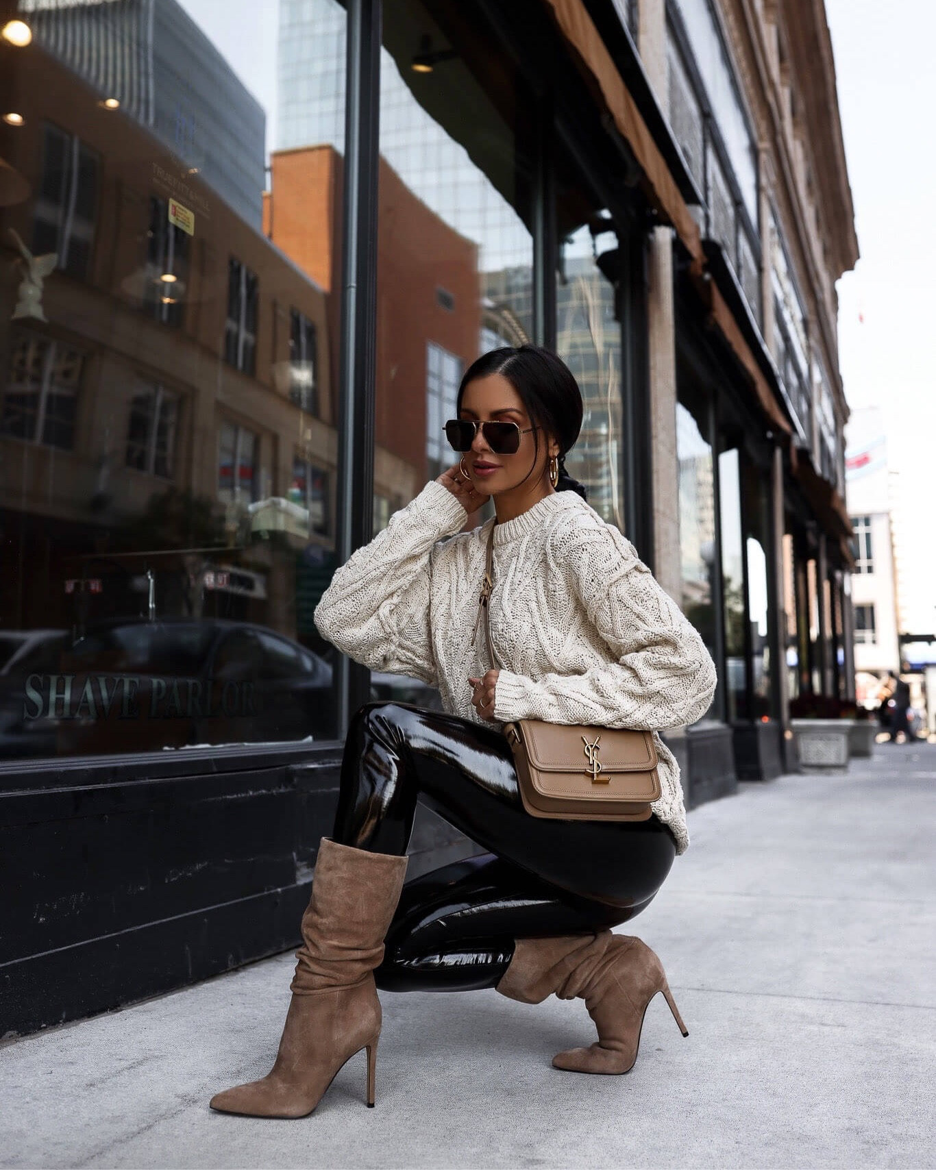 Casual fall outfit
Free people cable knit sweater
Commando patent leather leggings
Marc fisher slouchy boots 
Saint Laurent solferino bag 

#LTKshoecrush #LTKSeasonal #LTKsalealert