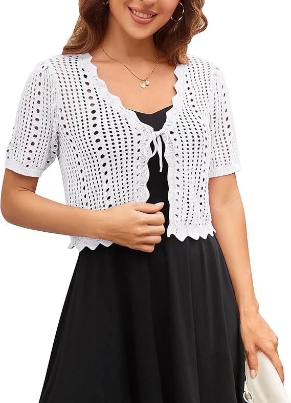 Kate Kasin Women Crochet Shrug Sweater Tie Front Knit Bolero Shrug for Dress Short Sleeve Cropped... | Amazon (US)