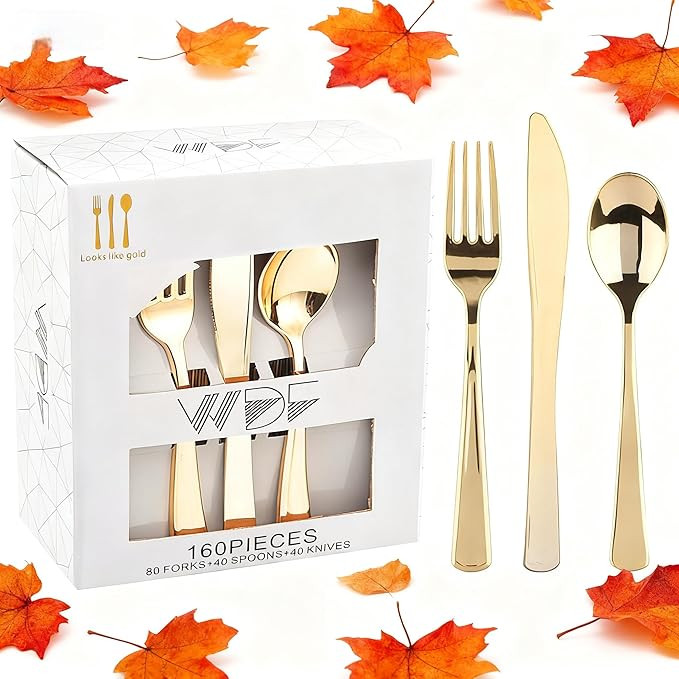 WDF 160 Piece Gold Plastic Silverware - Heavy Duty Gold Silverware Includes 80 Forks, 40 Spoons, ... | Amazon (US)