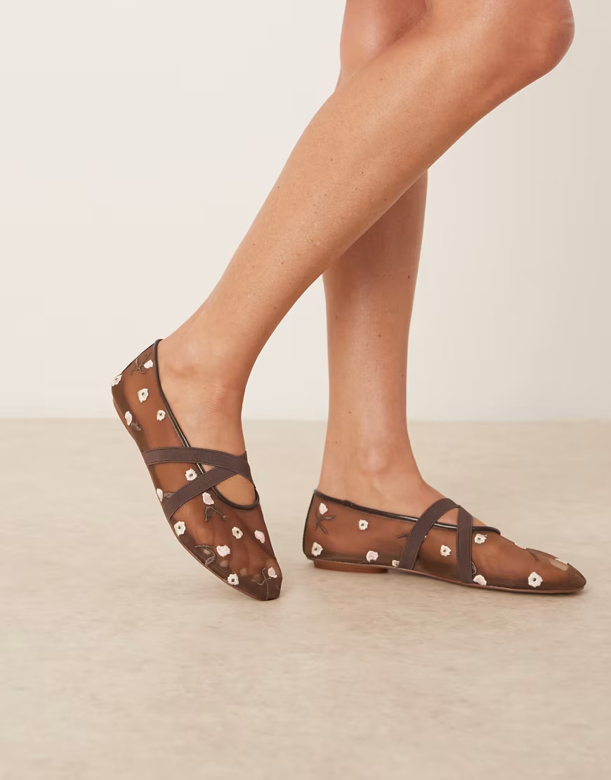 Mango floral embroidered mesh ballet pump in brown | ASOS (Global)