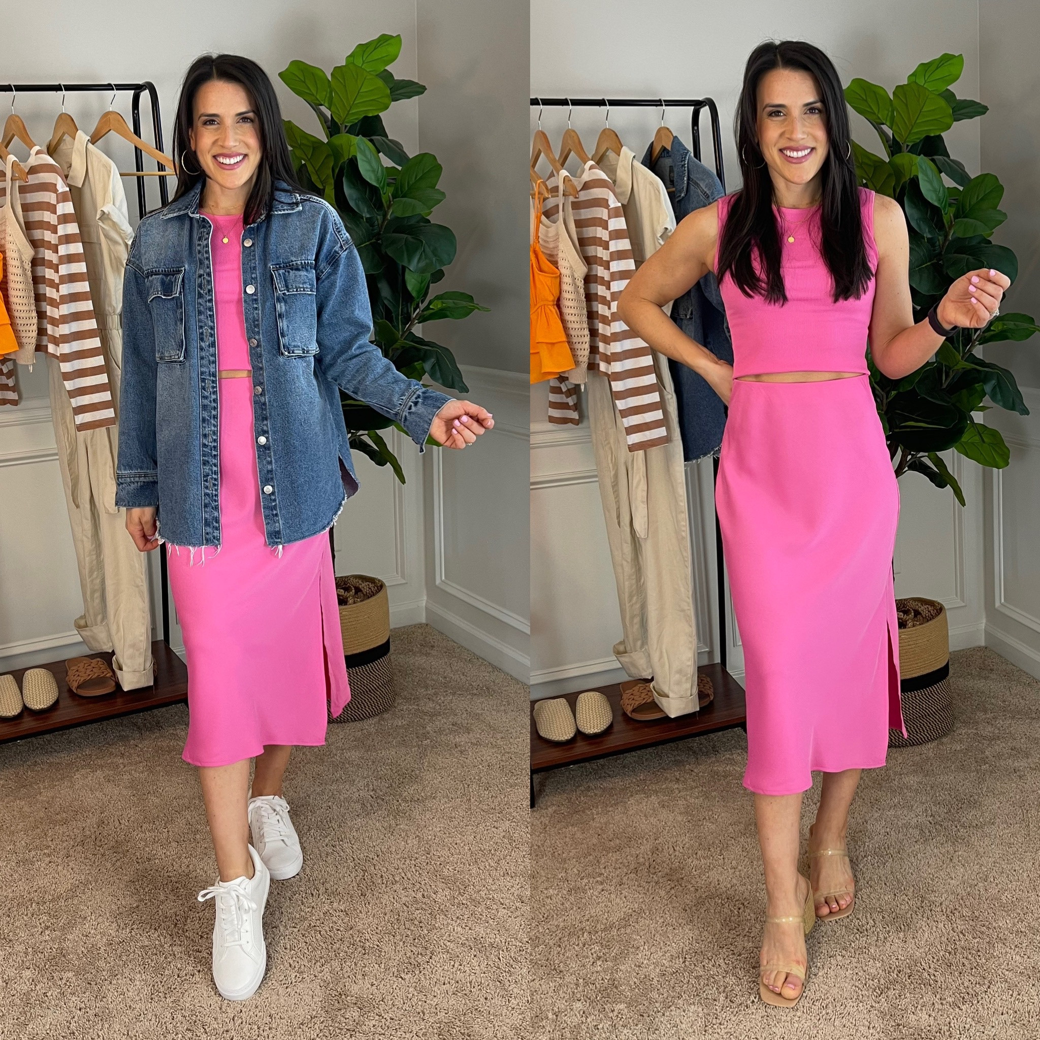 Spring fashion | pink | midi skirt | wear now and later | Target style | denim jacket | jean jacket | heels | sneakers | cropped top | monochromatic outfit 

Top runs small. Size up. 1 to 2 sizes. 
I’m wearing a large. 

Skirt runs big. Size down one. 
I’m wearing a xs

Sneakers fit true to size. 
I’m wearing 9.5

Heels I size up 1/2 in all heels. (Wide feet) 

#LTKstyletip #LTKshoecrush #LTKSeasonal