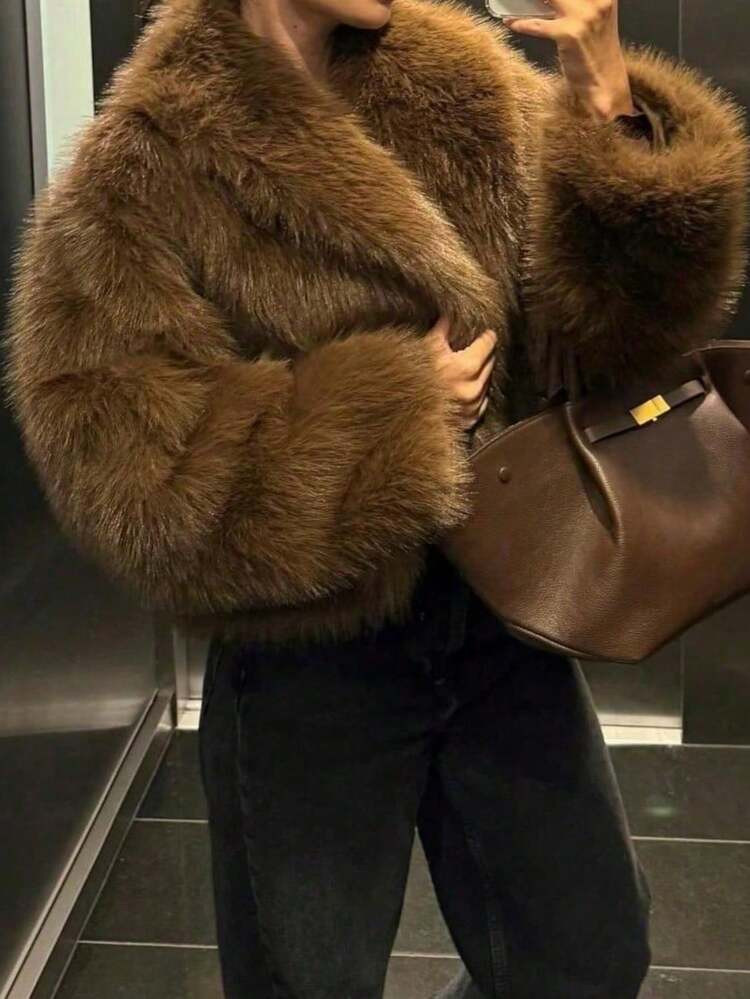 Camellia New Autumn/Winter Faux Fox Fur Collar Fashionable Short Jacket, Youthful Artificial Fur Coat | SHEIN