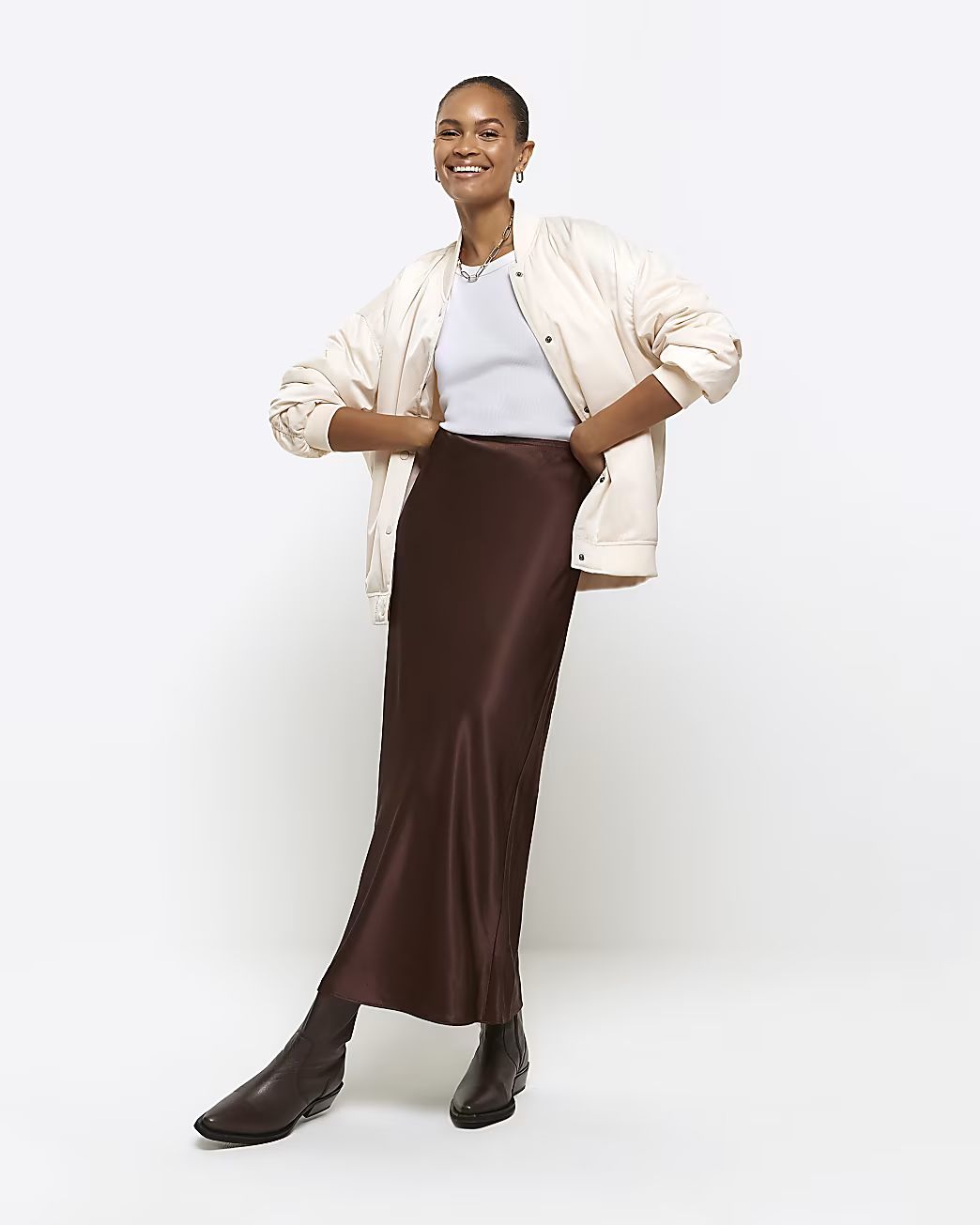 River Island Womens Brown Satin Maxi Skirt | River Island (US)
