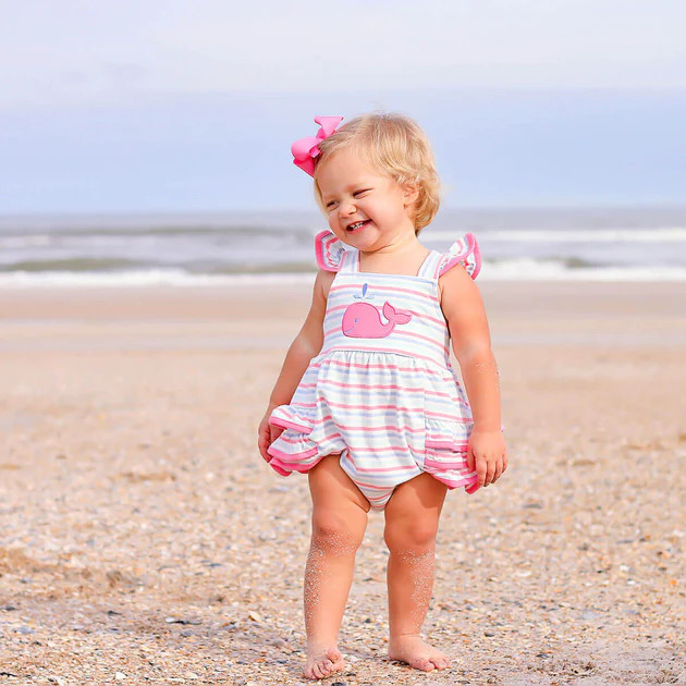 Ocean Whale Applique Pink Stripe Leah Bubble | Classic Whimsy