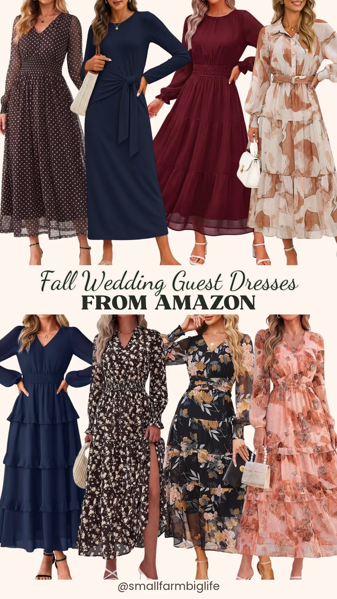 🍂 Fall Wedding Guest Dresses From Amazon

These long sleeve maxi dresses from Amazon are flowy, modest, and perfect for fall weddings. For solid colors, choose a navy blue chiffon maxi with a V neck, tiered ruffles, and a smocked empire waist, or a wine red boho maxi with a ruched crew neck, a ruffle hem, and pockets. For prints, there's a brown floral fit and flare V neck maxi, a black and yellow floral chiffon dress with sheer puff sleeves, a blush and rust floral tiered A line maxi, a brown polka dot tulle maxi with soft mesh layers, and a brown and cream collared button front maxi with a belted waist and side pockets. For a cozier option, the navy fleece lined wrap maxi with a tie waist works for cold evening receptions and the office too. Long sleeves, flowy skirts, and rich fall colors make these flattering fall dresses for women over 50, and they're just as pretty for bridal showers, holiday parties, and Thanksgiving dinner.

#amazonfashion #amazonfinds #fallweddingguest #falldresses #weddingguestdress 

 #LTKootd #LTKOver40 #LTKWedding