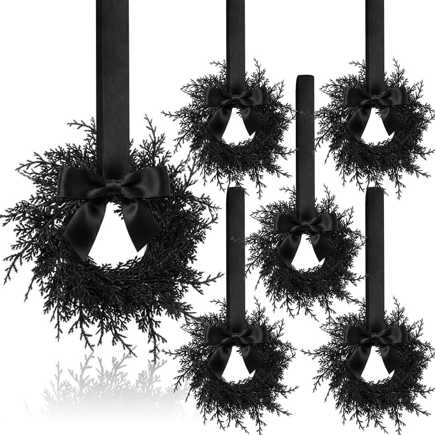 Dingion 6 Pcs Mini Halloween Cabinet Wreaths 4 Inch Mini Black Hanging Wreath with Bow Small Craf... | Amazon (US)