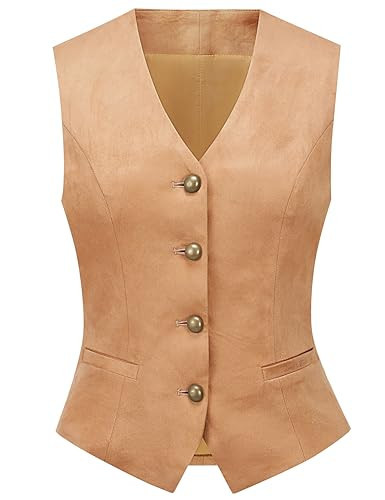 V VOCNI Women's Faux Suede Vest Cowgirl Western Vest Leather V Neck Slim Fit Fashion Casual Waistcoat Top Dark Khaki Small | Amazon (US)