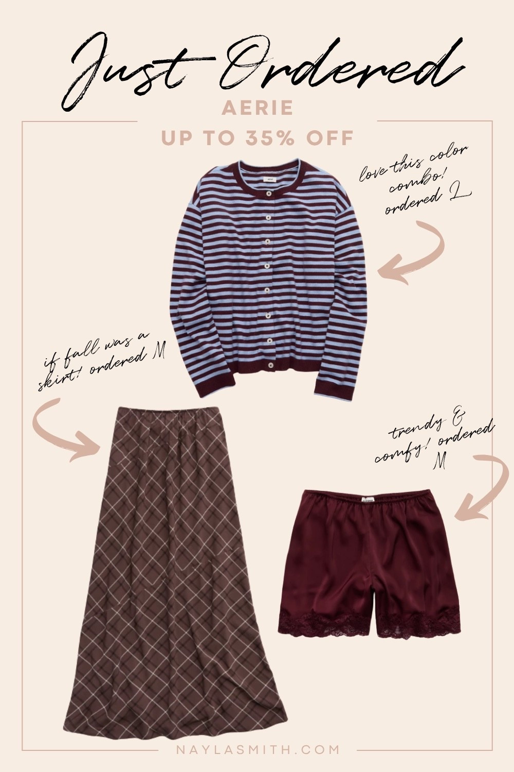Aerie order! Buy more, save more with code STOCKNROLL 
Plaid maxi skirt, baby blue & burgundy striped cardigan, trendy burgundy satin lace shorts

#LTKfall #LTKsale
