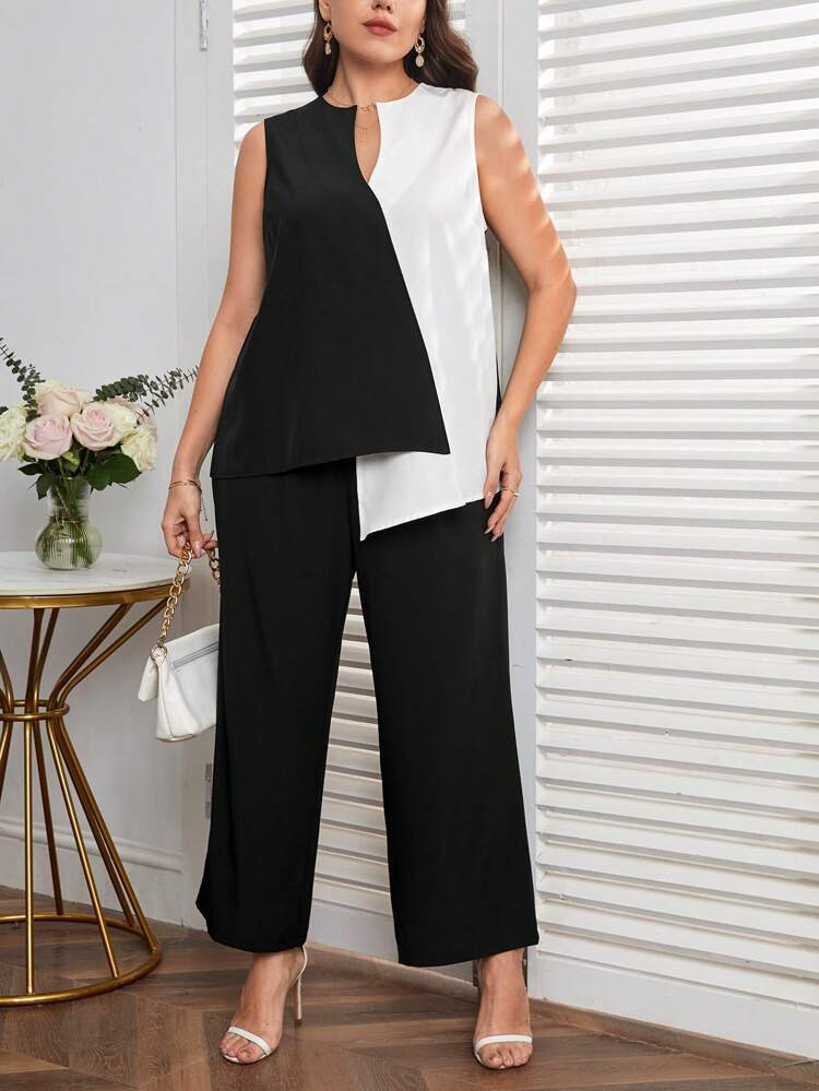 SHEIN Unity Plus Two Tone Asymmetrical Hem Top & Wide Leg Pants
       
              
          ... | SHEIN