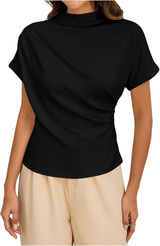 SweatyRocks Women's Casual Short Sleeve Mock Neck Tee Top Asymmetric Ruched Plain T Shirt | Amazon (US)