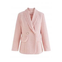 Shawl Collar Fringed Edge Tweed Blazer in Pink | Chicwish