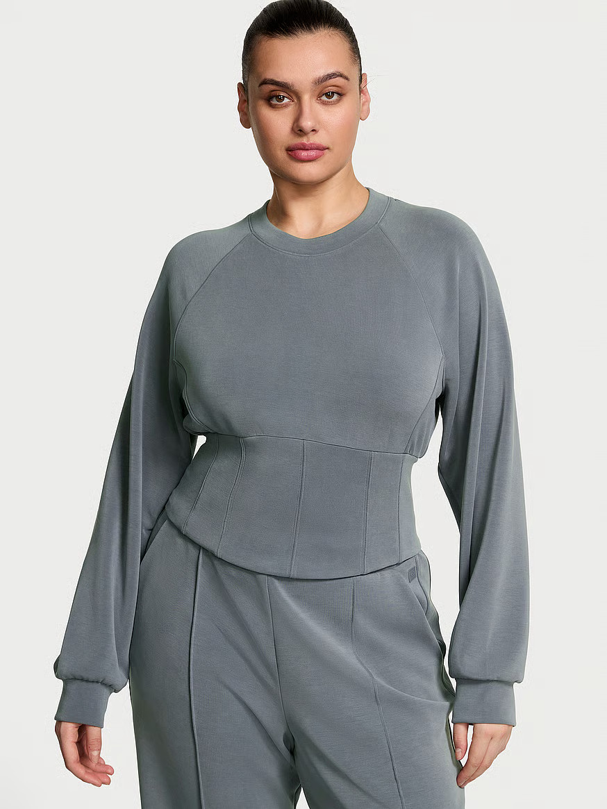 Buy VSX Featherweight Knit Corset Crewneck, Classic Plaster - Order Hoodies & Sweatshirts online ... | Victoria's Secret (US / CA )