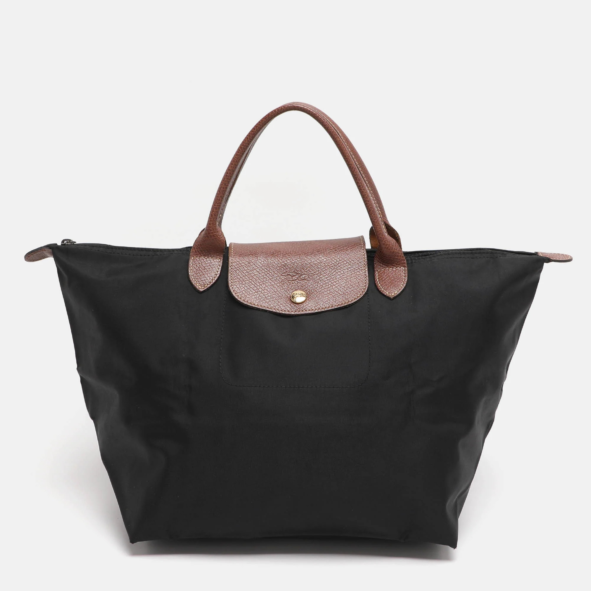Longchamp Brown/black Nylon And Leather Medium Short Le Pliage Tote | Shop Simon