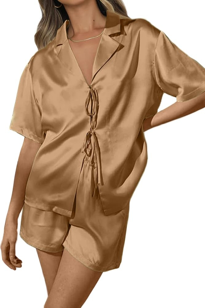 CHYRII Women's Silk Satin Pajamas Sets Tie Front Short Sleeve Tops and Shorts Two Piece Pj Sets S... | Amazon (US)