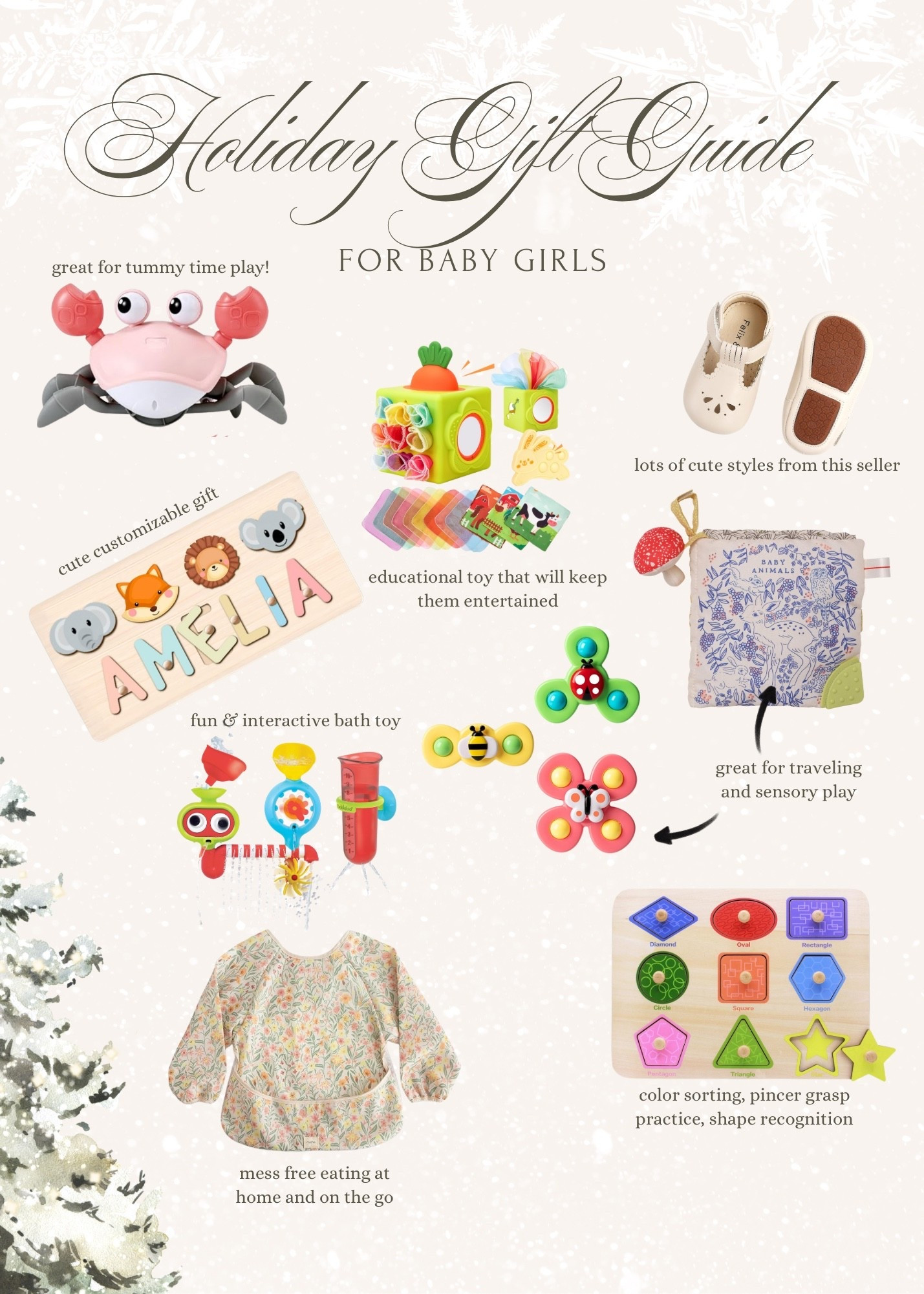 Gift guide for a baby girl 

Toys
Baby toys
Toys for travel 
Gifts for baby 
Sensory book 
Bib
Bath toys 
Tummy time toys 
Custom gifts 
Baby shoes

#LTKBaby #LTKHoliday #LTKGiftGuide