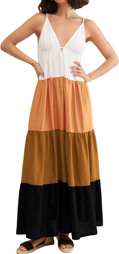 Women’s Patchwork Spaghetti Strap Maxi Dress Summer Backless Colorblock Flowy Dress Tiered Ruff... | Amazon (US)