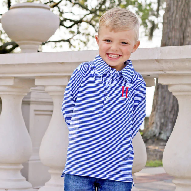Royal Blue Stripe Long Sleeve Polo | Classic Whimsy