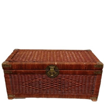 Vtg Wicker Campaign Trunk, Rattan Chest Late 20th C., Engraved Brass Chinoiserie | eBay US