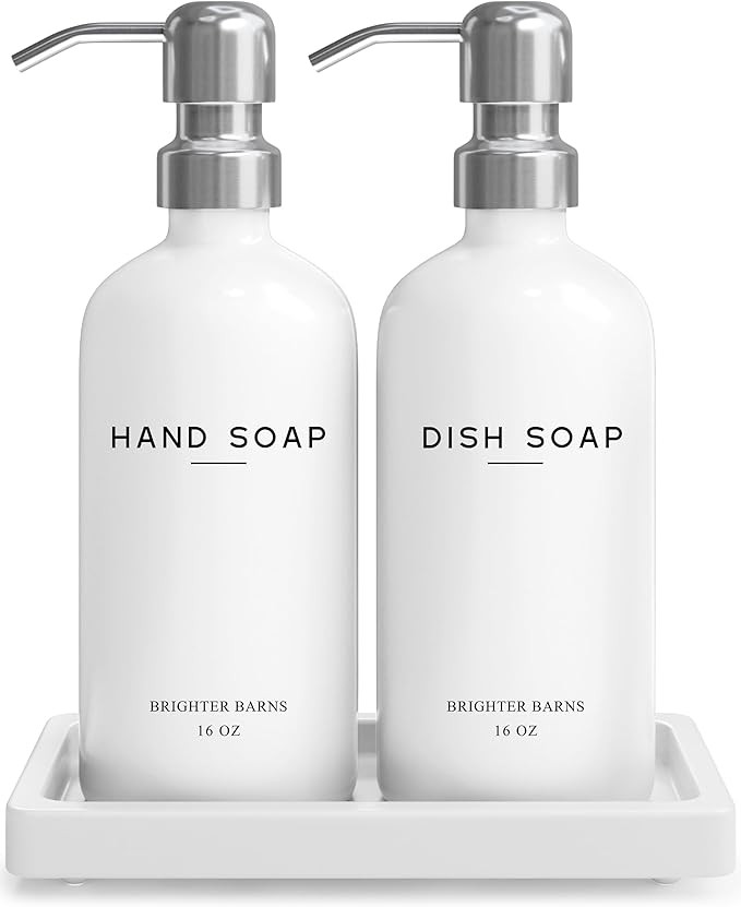 White Glass Hand and Dish Soap Dispenser Set by Brighter Barns - Kitchen Soap Dispenser Set with ... | Amazon (US)