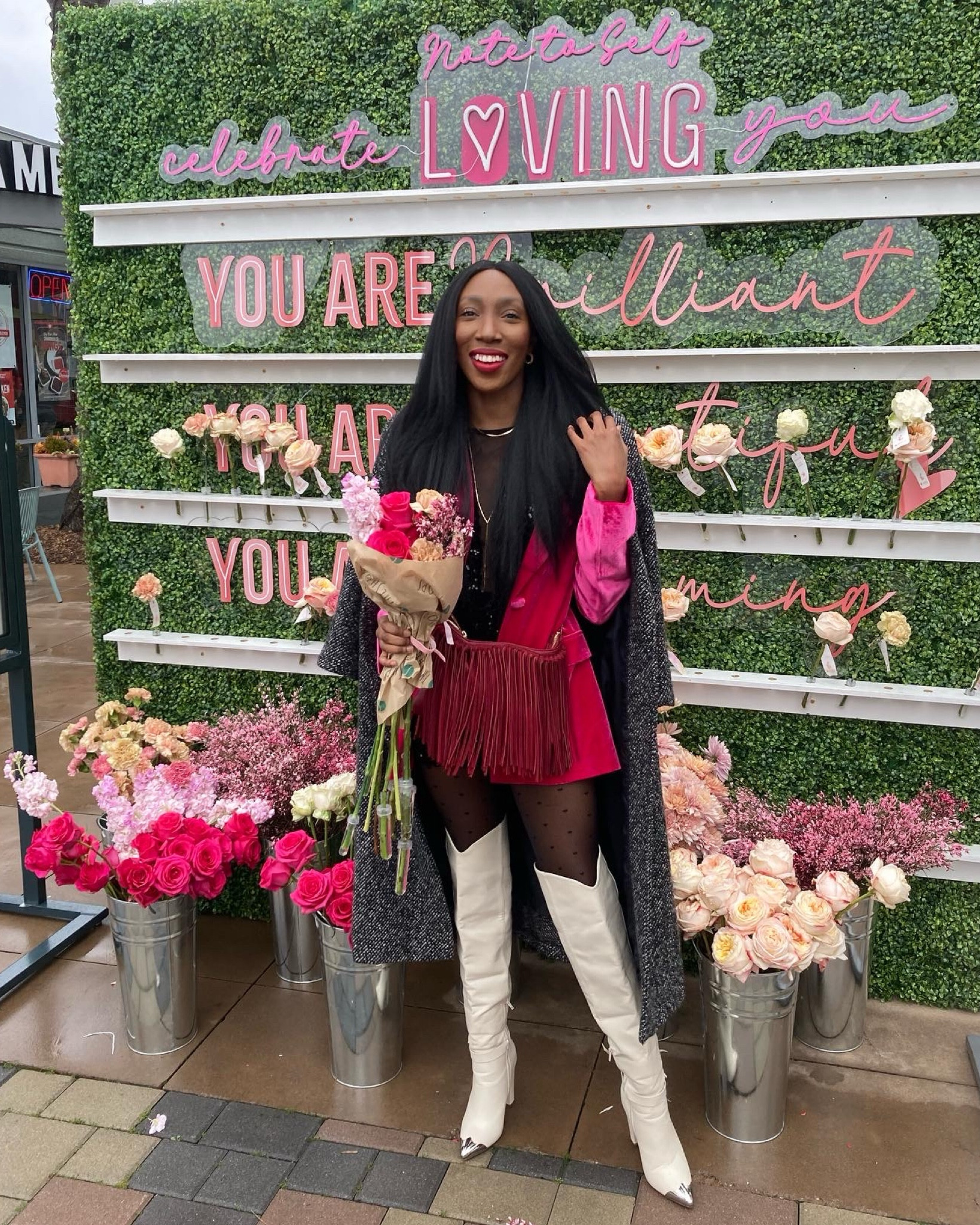 Pink velvet blazer dress with black polka dot tights and over the knee boots

#LTKstyletip #LTKMostLoved #LTKSeasonal