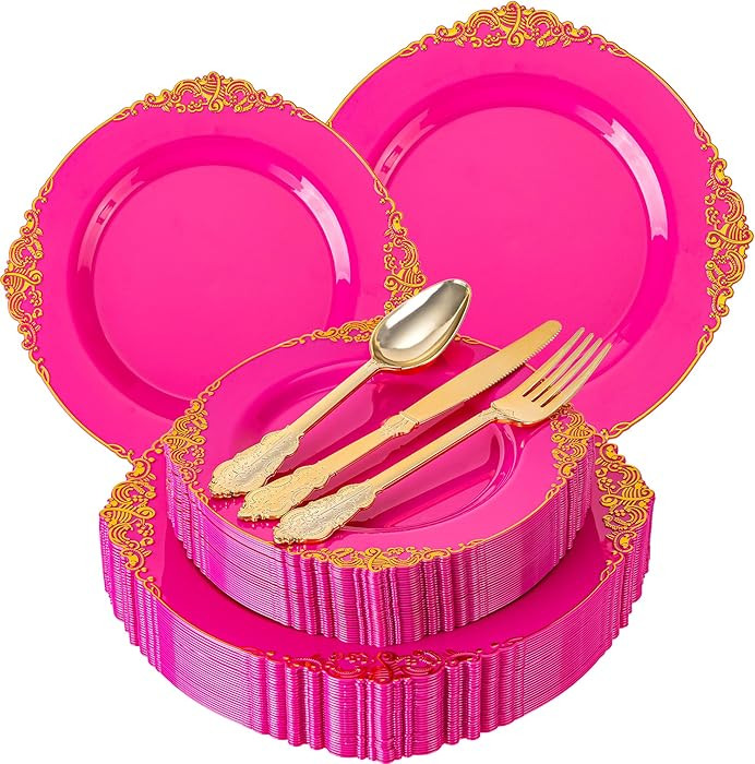 125PCS Hot Pink Plastic Plates - Pink Disposable Plate - Elegant Party Plates with Gold Plastic S... | Amazon (US)