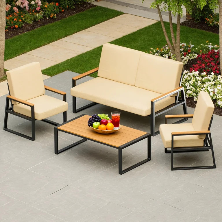 4 Pieces All Weather Patio Conversation Set, Aiho Outdoor Furniture with Coffee Table & Removed C... | Walmart (US)